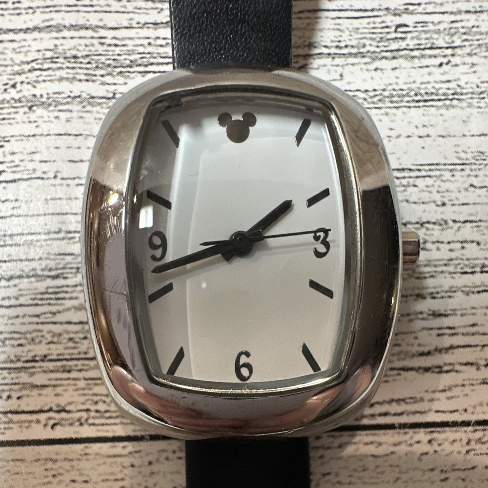 Disney Mickey Mouse Icon Silver Tone Watch Black Strap Vintage *Untested*